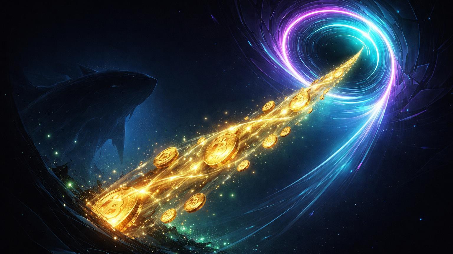 Fluxo controlado de WBTC dourado de profundezas para portal neon de exchange, simbolizando take profit gradual de baleia antiga