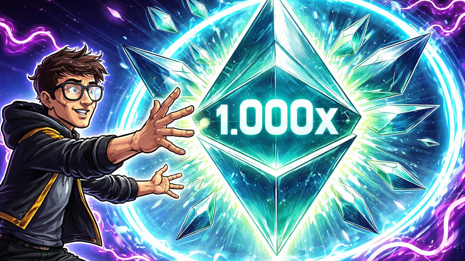 Vitalik cartoon ativando prisma Ethereum expandindo com '1.000x' e escudo contra ondas quânticas, simbolizando plano para rede 1000x mais capaz