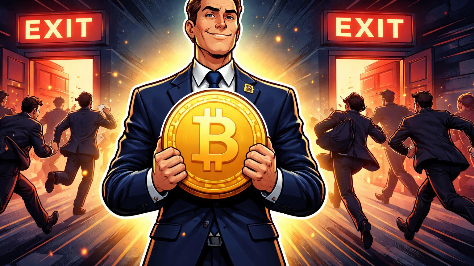 Personagem BlackRock cartoon segurando moeda Bitcoin dourada enquanto outros investidores saem por portas de saída, simbolizando acúmulo institucional.