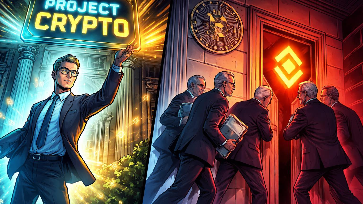 Personagem cartoon regulador moderno lançando Project Crypto na SEC enquanto senadores pressionam investigação na Binance, tensionando regulação crypto