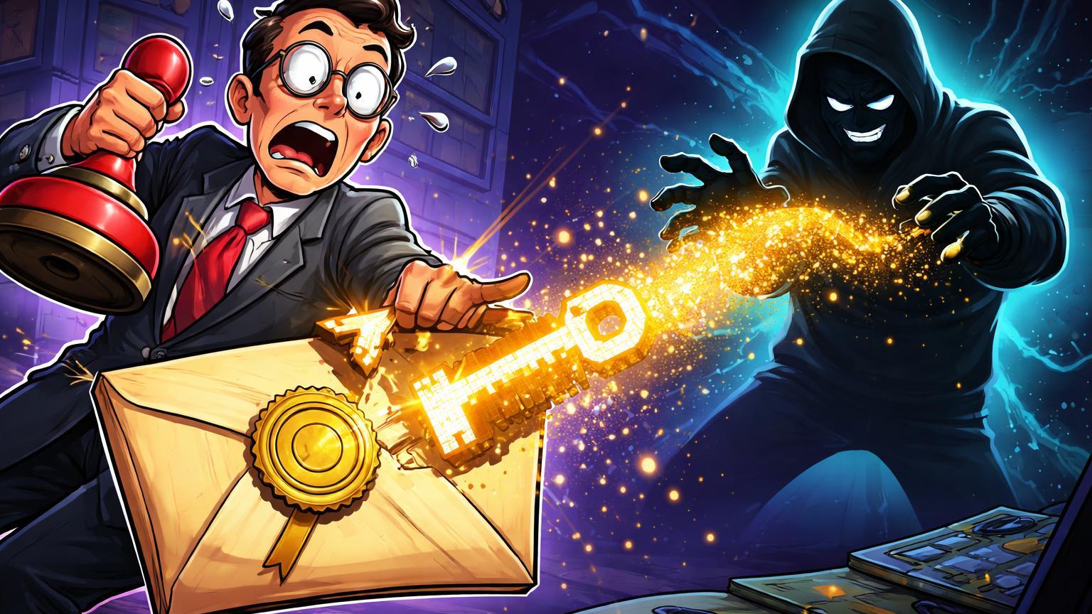 Burocrata cartoon rasgando envelope de custódia, chave digital escapando em partículas douradas para sombra hacker, simbolizando vazamento de seed phrase na Coreia