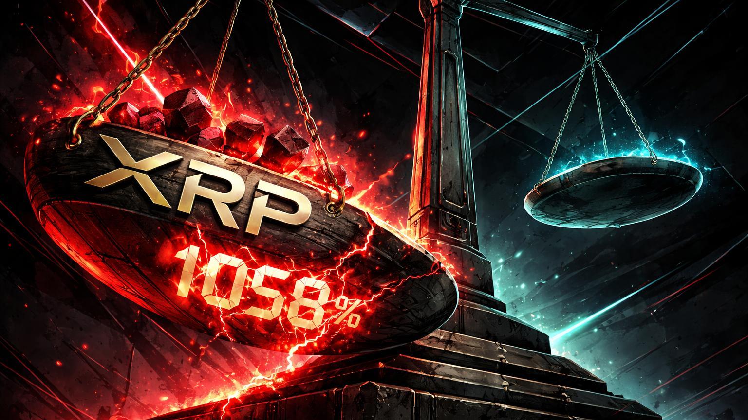 Balança digital brutalista desequilibrada com XRP afundando e 1058% rachado em vermelho, simbolizando liquidações massivas em altcoins