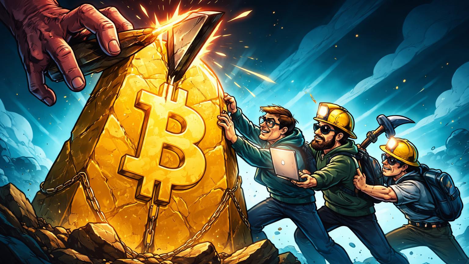 Comunidade cartoon rejeitando mão que tenta rachar monolito Bitcoin com cunha, simbolizando rejeição ao hard fork Mt. Gox e code is law