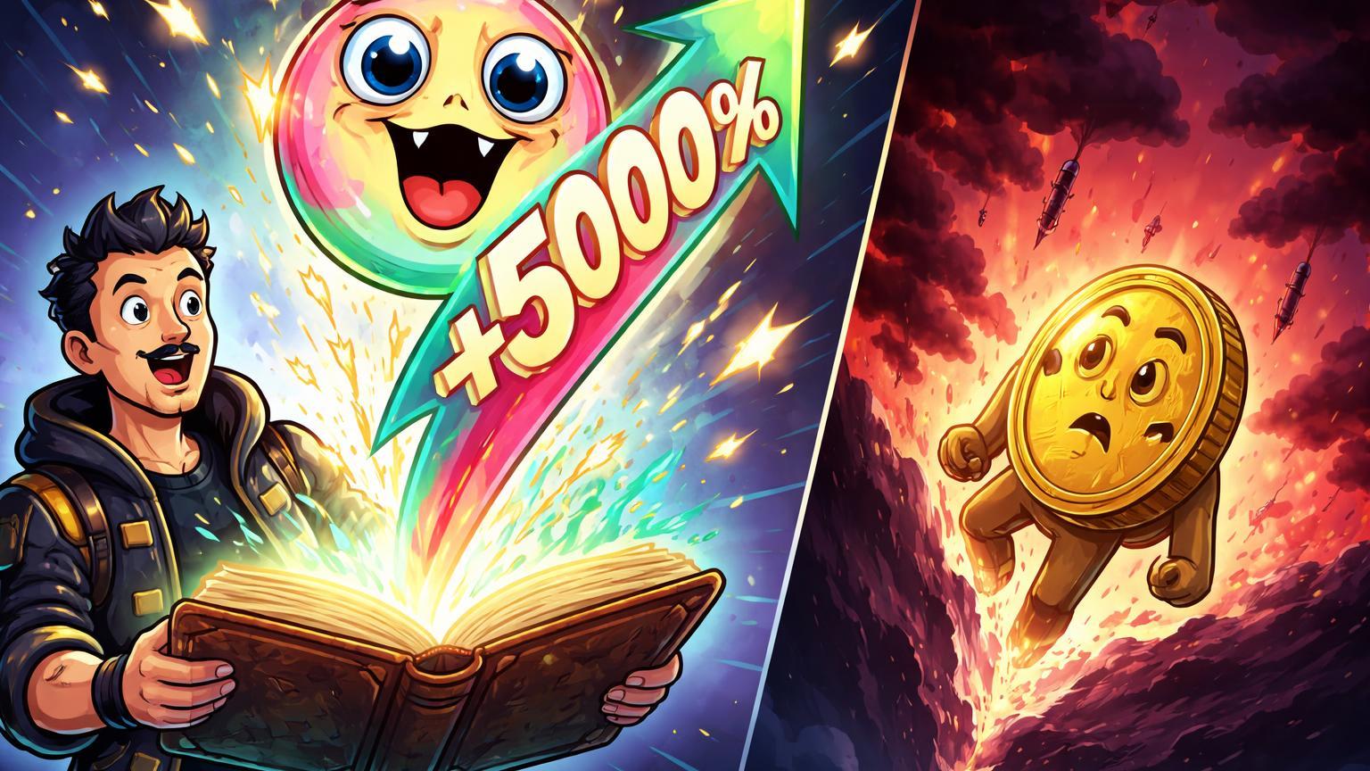 CZ cartoon abrindo livro mágico que explode memecoin com +5000%, enquanto Bitcoin cai sob nuvens de tensão geopolítica no Irão