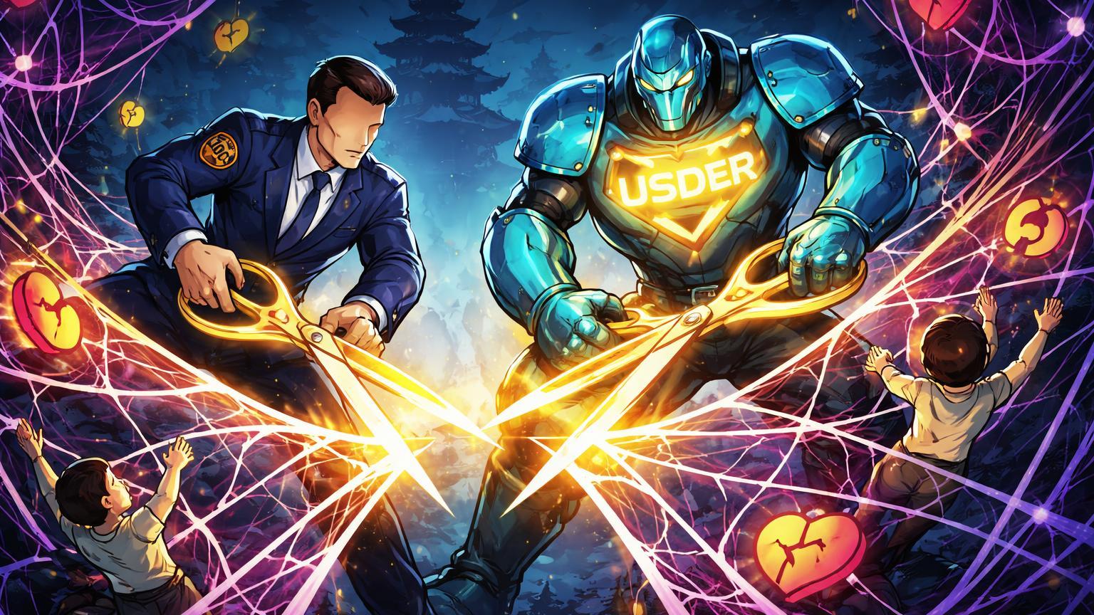 Agentes cartoon da lei e guardião Tether com USDT cortando teia de golpes cripto bilionária, libertando vítimas de fraudes no Sudeste Asiático