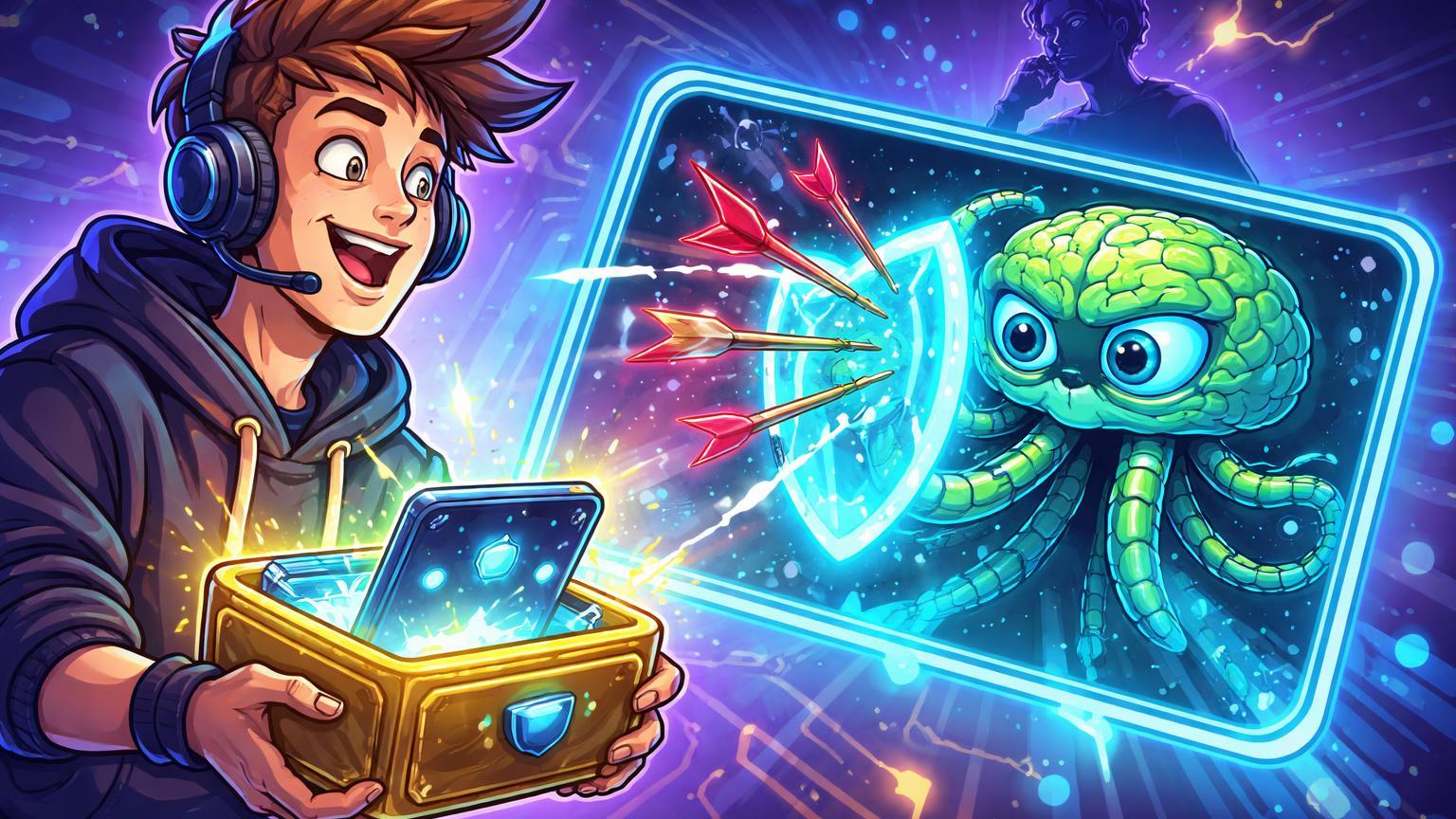 Personagem cartoon com carteira protegida por guardião IA bloqueando phishing em simulação, ideia de Vitalik para revolucionar segurança Web3