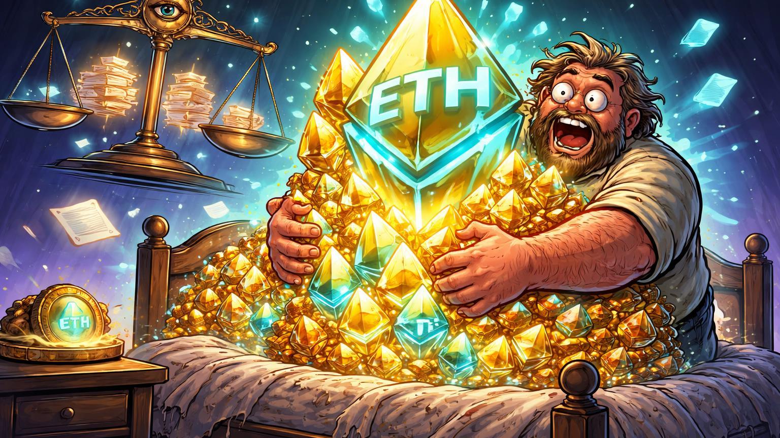 Trader baleia cartoon acordando surpreso abraçando pilha gigante de ETH, balança regulatória ao fundo simbolizando lei da Califórnia sobre xAI