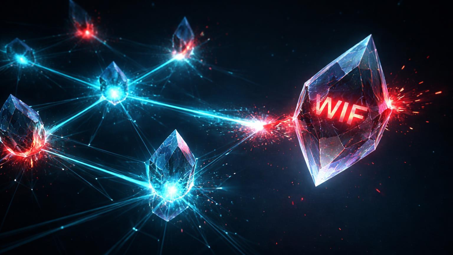 Rede de cristais digitais com nós rachados vermelhos e cristal WIF se desconectando, alertando risco de delisting na Binance