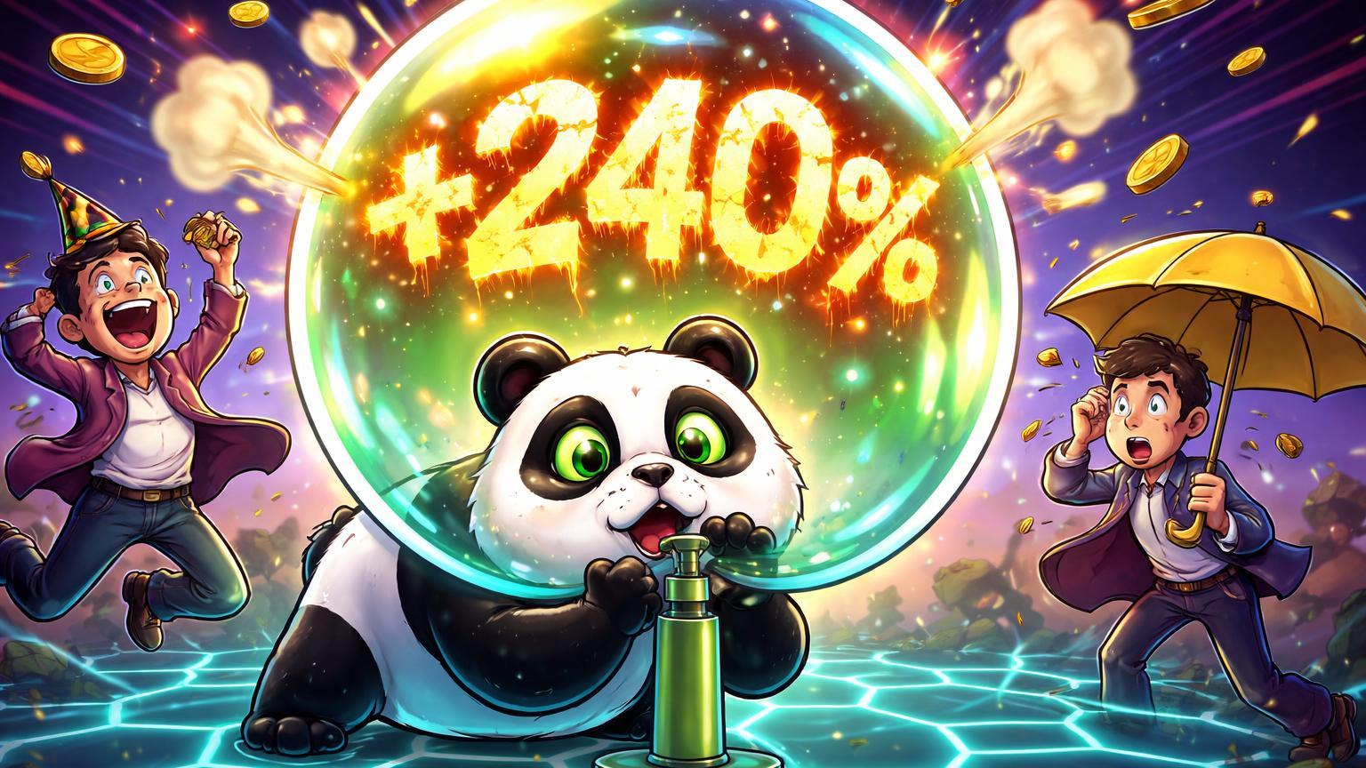Panda cartoon inflando bolha de +240% em rede Solana com traders exagerados, simbolizando pump insano de memecoin chinesa