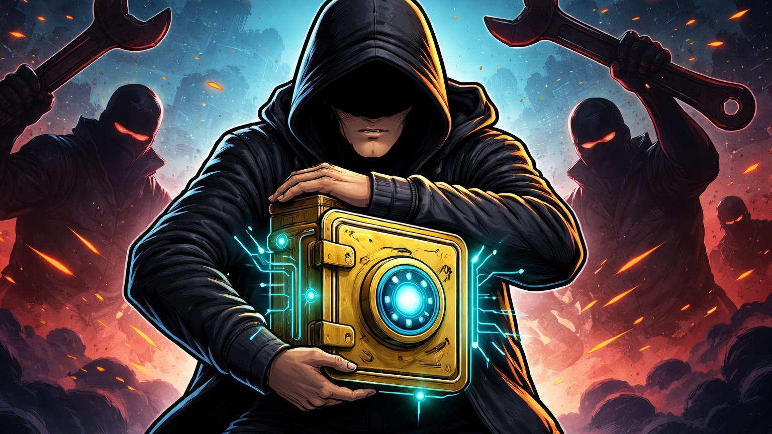 Trader cartoon protegendo carteira digital luminosa de silhuetas com chaves inglesas gigantes, alertando sobre wrench attacks violentos em cripto