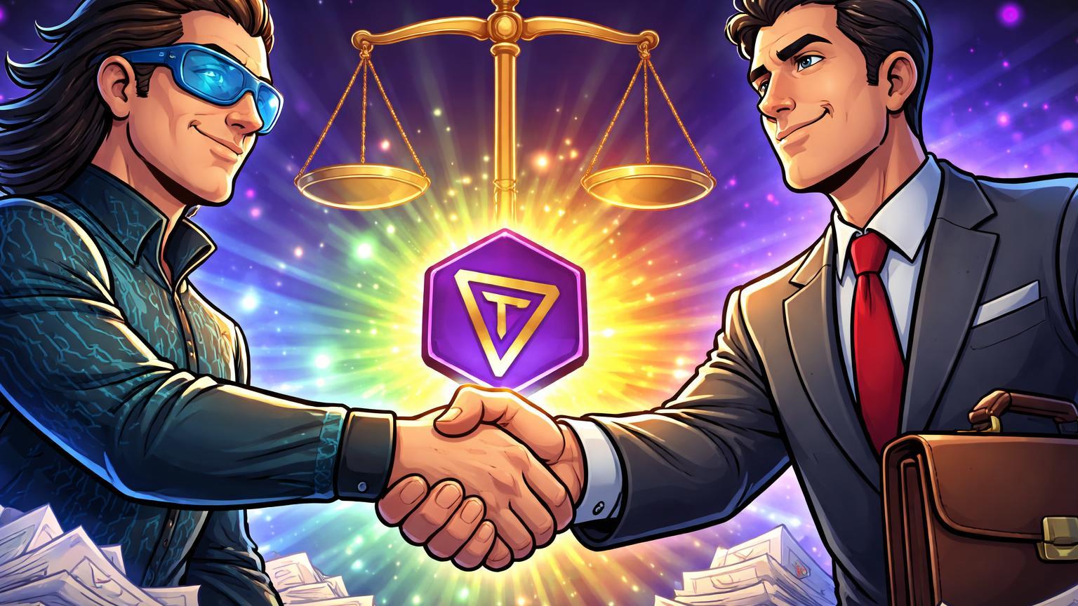Empresário tech e regulador cartoon apertando mãos sobre símbolo TRX brilhante, simbolizando acordo de US$10M entre Justin Sun e SEC
