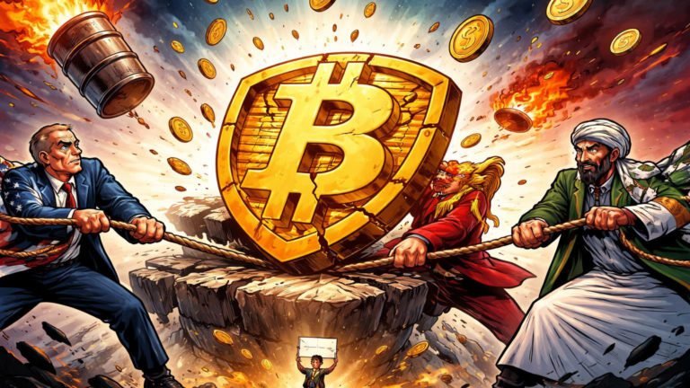 Figuras cartoon de potências geopolíticas puxando plataforma BTC rachada para baixo com barris de petróleo e liquidações caindo, ilustrando crise impactando Bitcoin