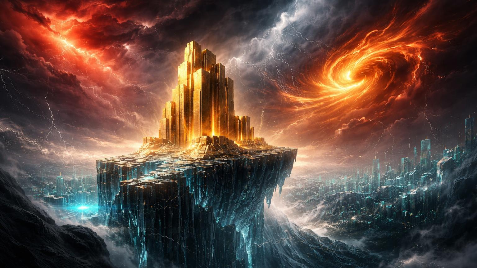 Fortaleza dourada ancorada em penhasco digital resistindo a tempestade vermelha e laranja, simbolizando ouro consolidado como hedge contra tensões geopolíticas