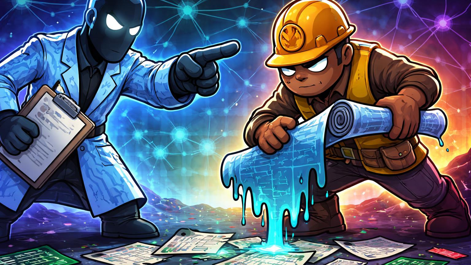 Personagens cartoon de Curve e PancakeSwap em confronto sobre blueprint copiado de StableSwap, ilustrando acusação de violação em governança DeFi