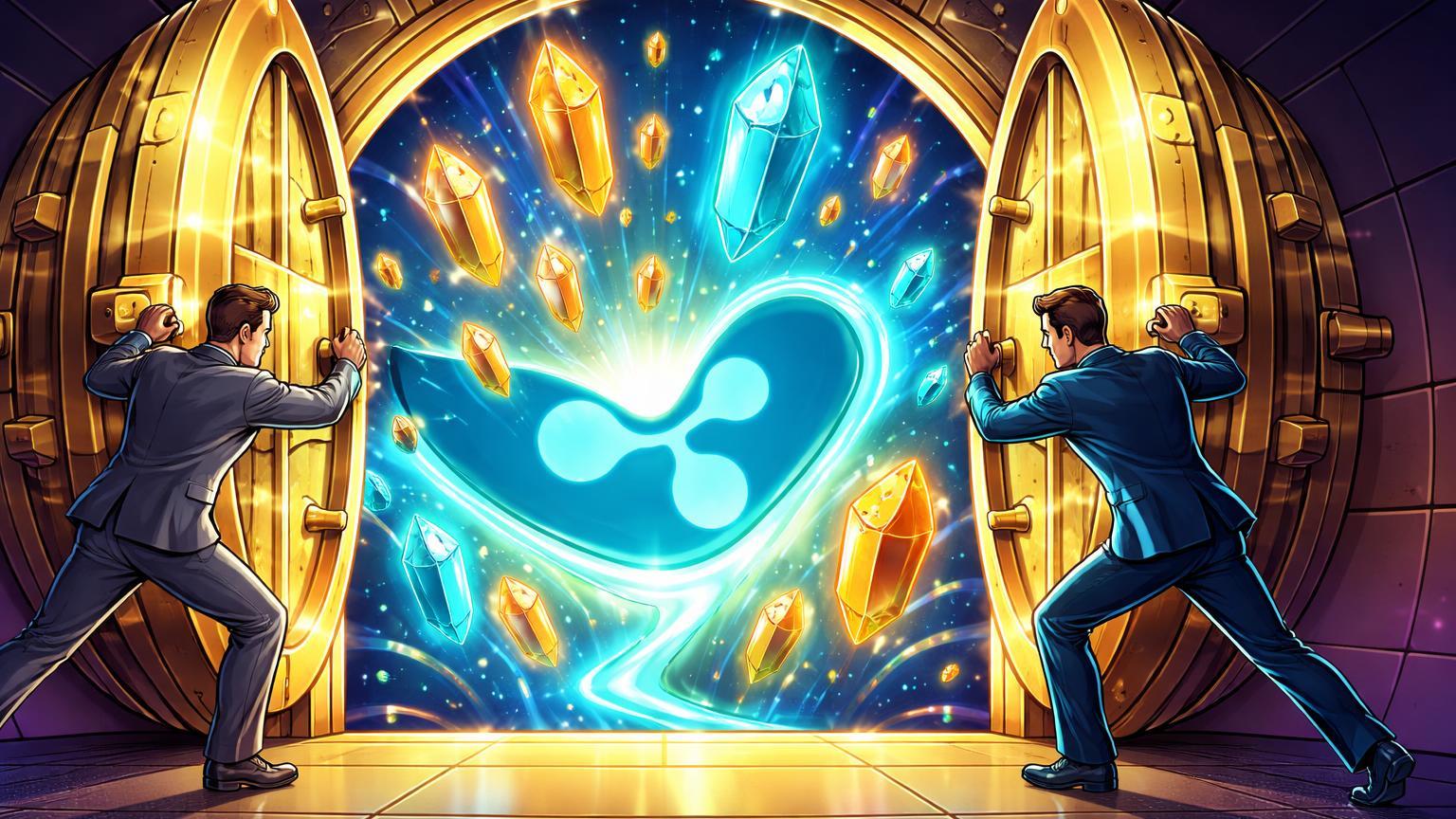 Executivos cartoon abrindo portas de cofre para ecossistema de cristais tokenizados RWAs com onda Ripple, simbolizando liberação regulatória para bancos nos EUA