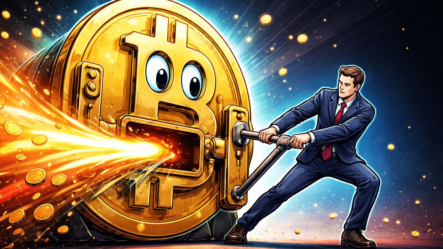 Gestor institucional cartoon puxando alavanca de cofre Bitcoin com fluxo dourado saindo, simbolizando saídas de US$ 228 mi em ETFs após rali