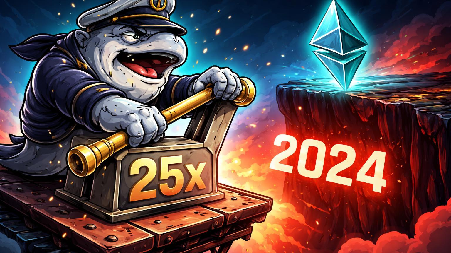 Baleia cartoon puxando alavanca 25x sobre plataforma instável com liquidação em 2.024 abaixo, simbolizando risco extremo de trade alavancado em Ethereum