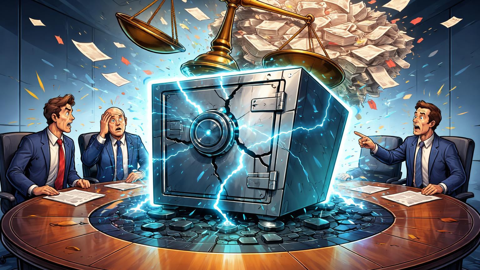Executivos cartoon ao redor de mesa com cofre de custódia rachado e balança judicial acima, representando processo contra conselho da Coinbase
