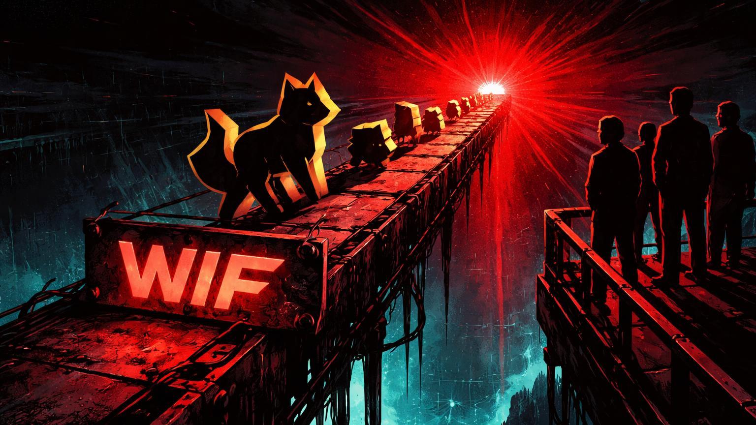 Passarela metálica sobre abismo digital com silhueta de token WIF avançando para luz vermelha, simbolizando risco de delisting na Binance