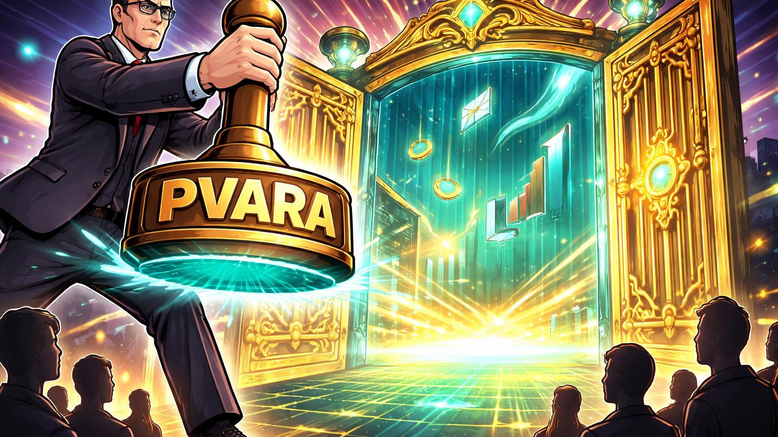 Burocrata cartoon carimbando portão com PVARA, abrindo para ecossistema cripto gigante, marcando lei regulatória no Paquistão