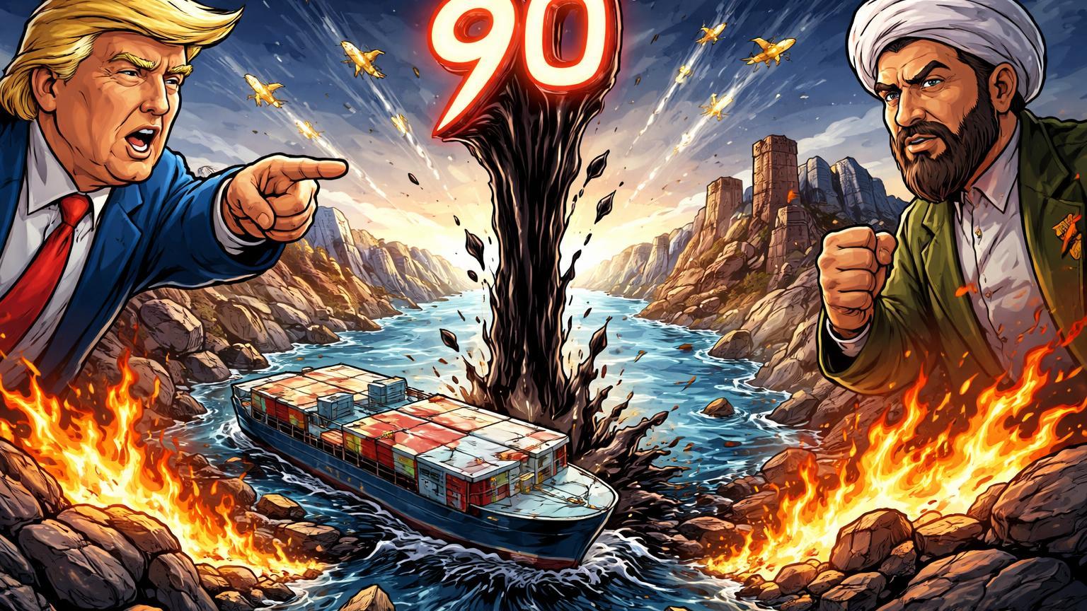 Personagens cartoon de Trump e Irã em confronto sobre Estreito de Ormuz flamejante, navio parado e petróleo jorrando a 90, ilustrando tensão geopolítica e disparada de preços