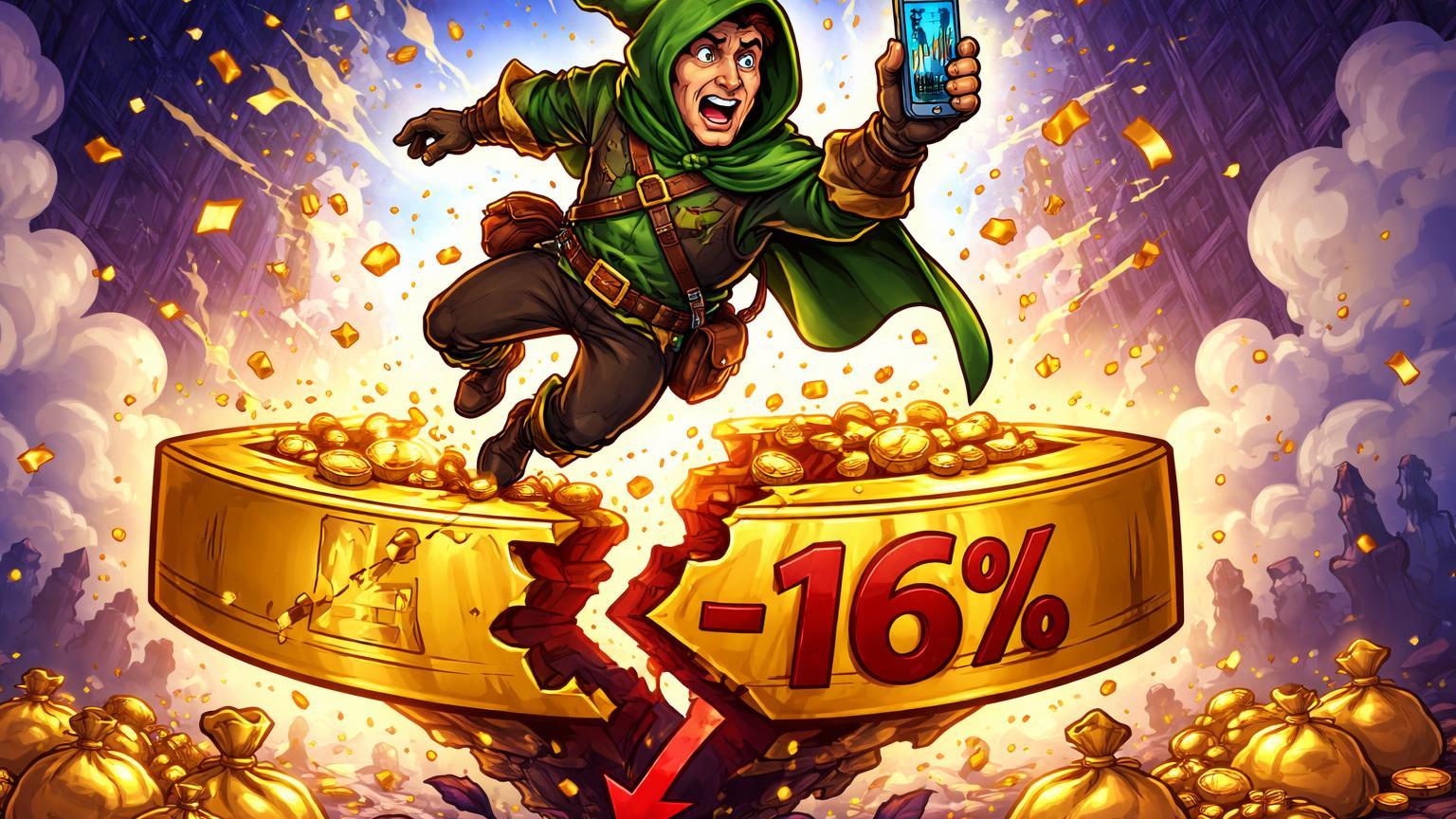 Personagem trader cartoon como Robin Hood caindo de plataforma rachada com seta -16%, simbolizando tombo na estreia do fundo Robinhood na NYSE