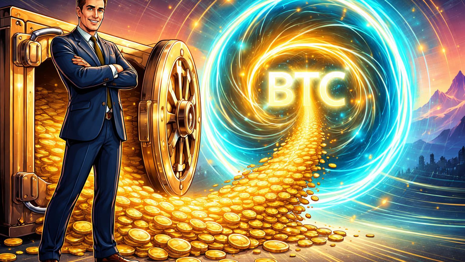 Executivo cartoon de banco central despejando reservas douradas em vórtice Bitcoin cyan, simbolizando investimento de US$ 350 mi do Cazaquistão em cripto