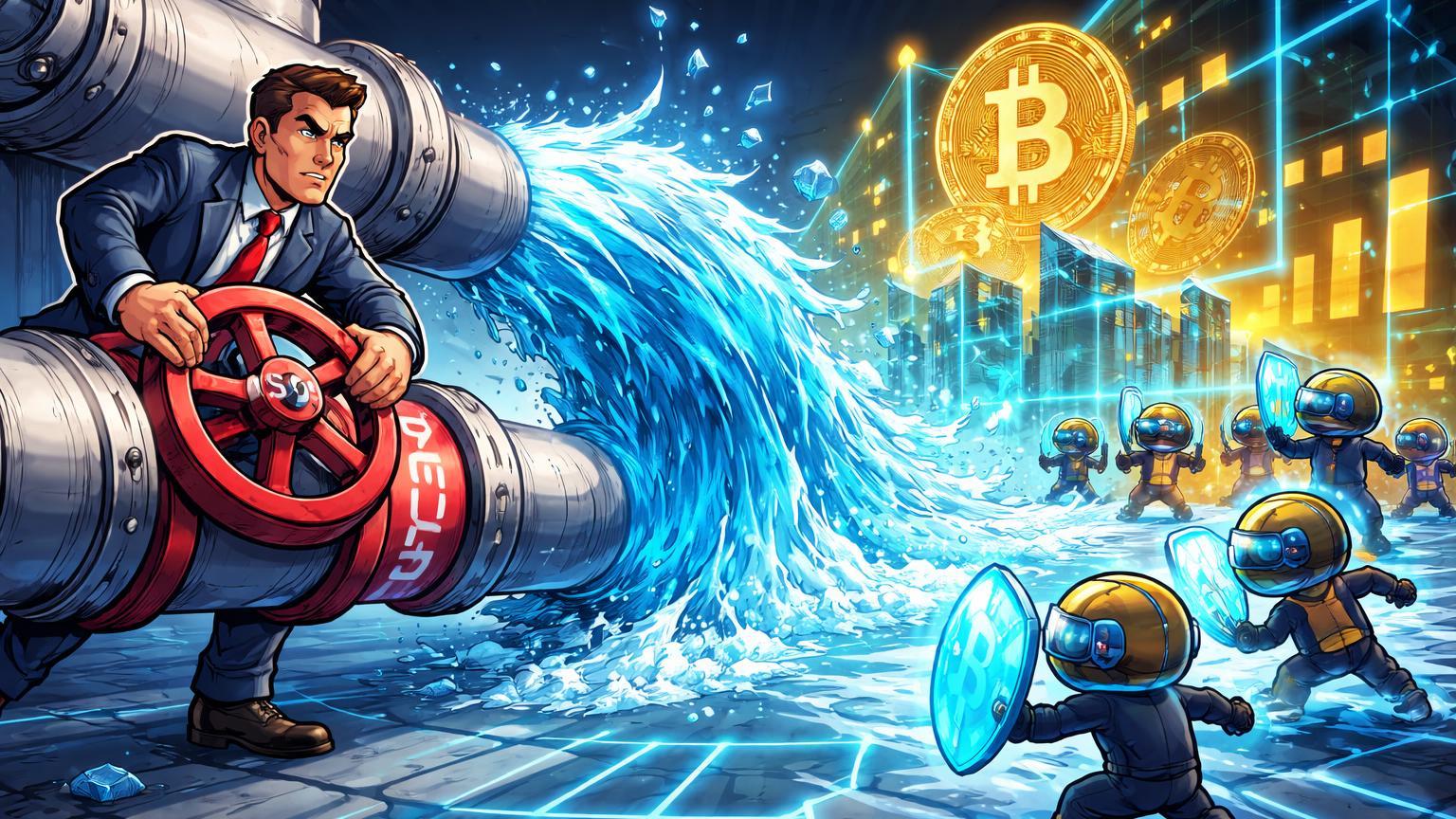 Executivo cartoon girando válvula de parada com gelo se espalhando para rede DeFi e Bitcoin, ilustrando alerta de risco de liquidez da BlackRock