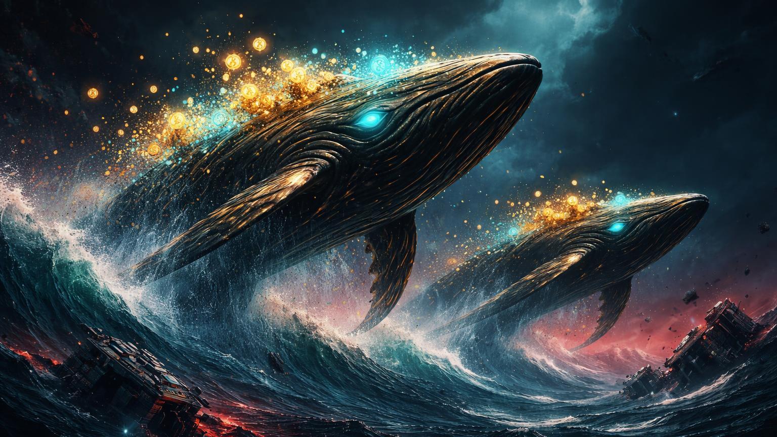 Baleias douradas emergindo de oceano turbulento carregando partículas BTC, simbolizando acumulação de grandes players apesar da queda do Bitcoin pós-payroll