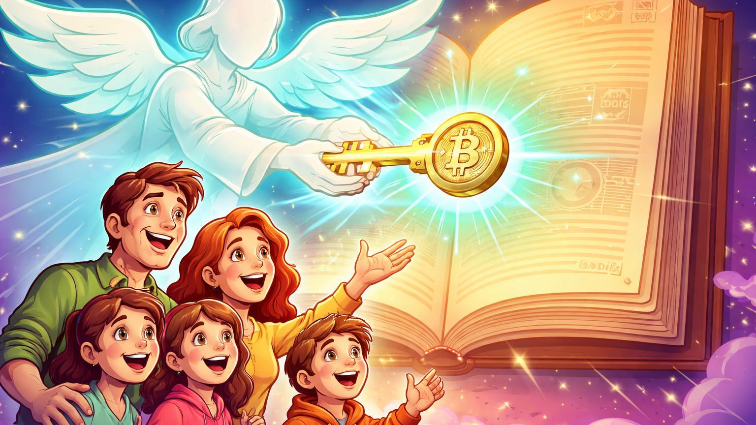 Família cartoon recebendo chave digital de criptoativos de figura etérea, com Código Civil atualizado ao fundo, simbolizando lei de herança para Bitcoin e NFTs
