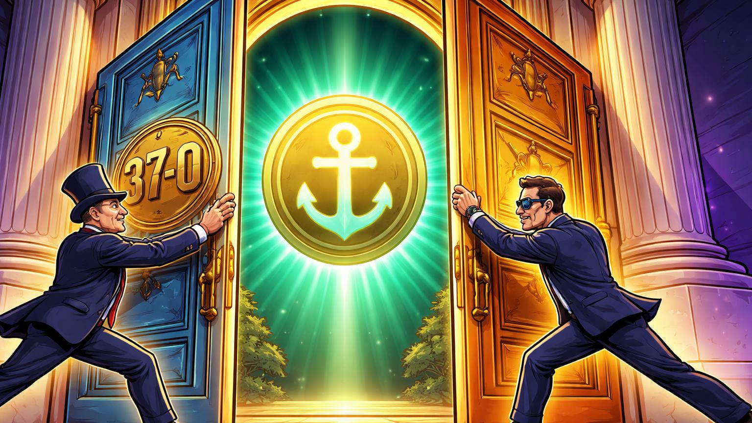 Senadores cartoon abrindo portas do Capitólio para âncora stablecoin luminosa com selo 37-0, marcando lei pioneira da Flórida
