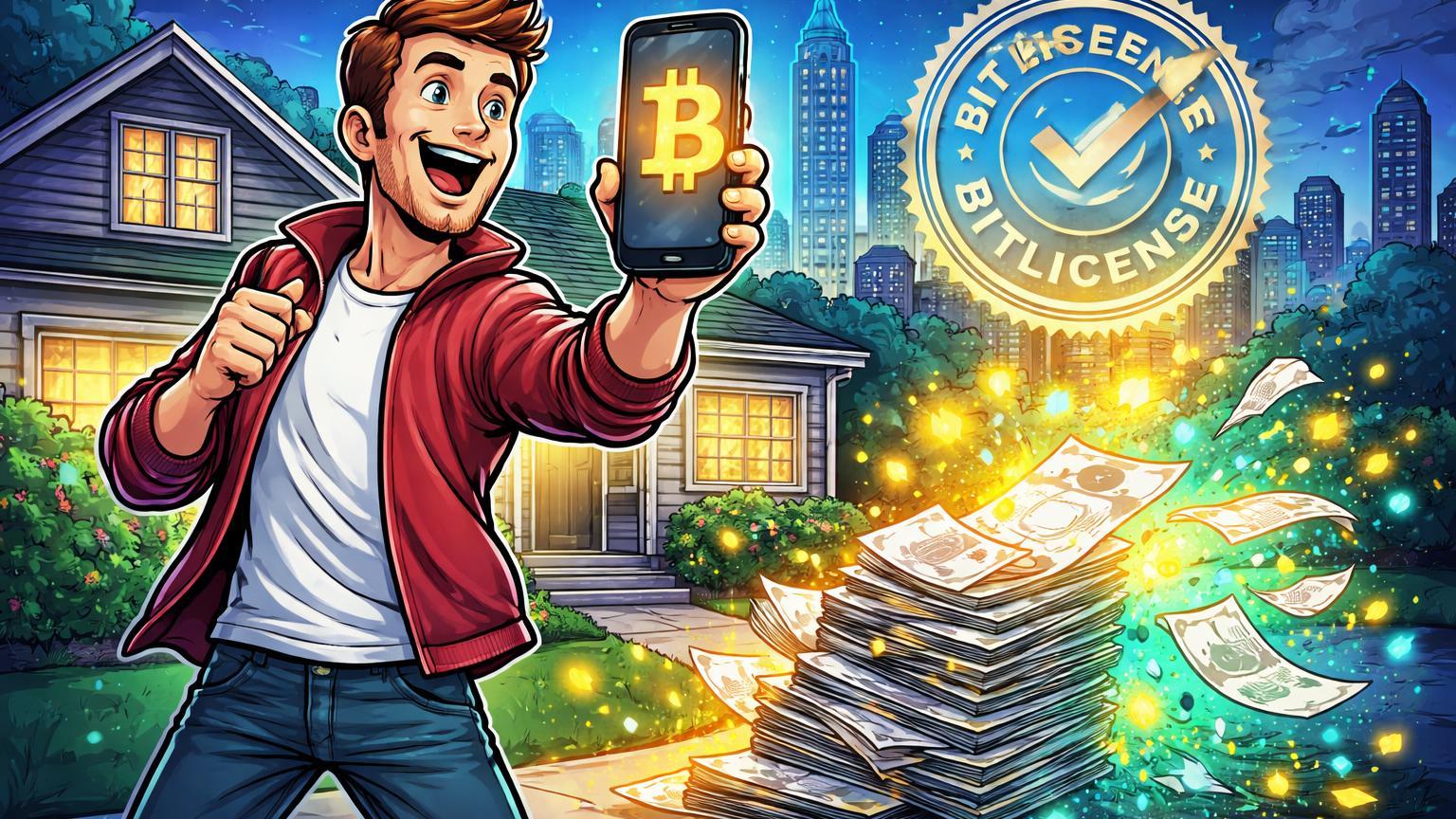 Personagem cartoon pagando hipoteca com smartphone Bitcoin em NY, contas dissolvendo em luz, selo BitLicense flutuando, adoção prática de cripto
