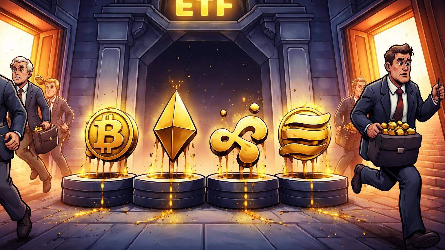 Executivos cartoon saindo apressados de fortaleza ETF com símbolos BTC, ETH, XRP e SOL vazios, ilustrando saídas massivas institucionais