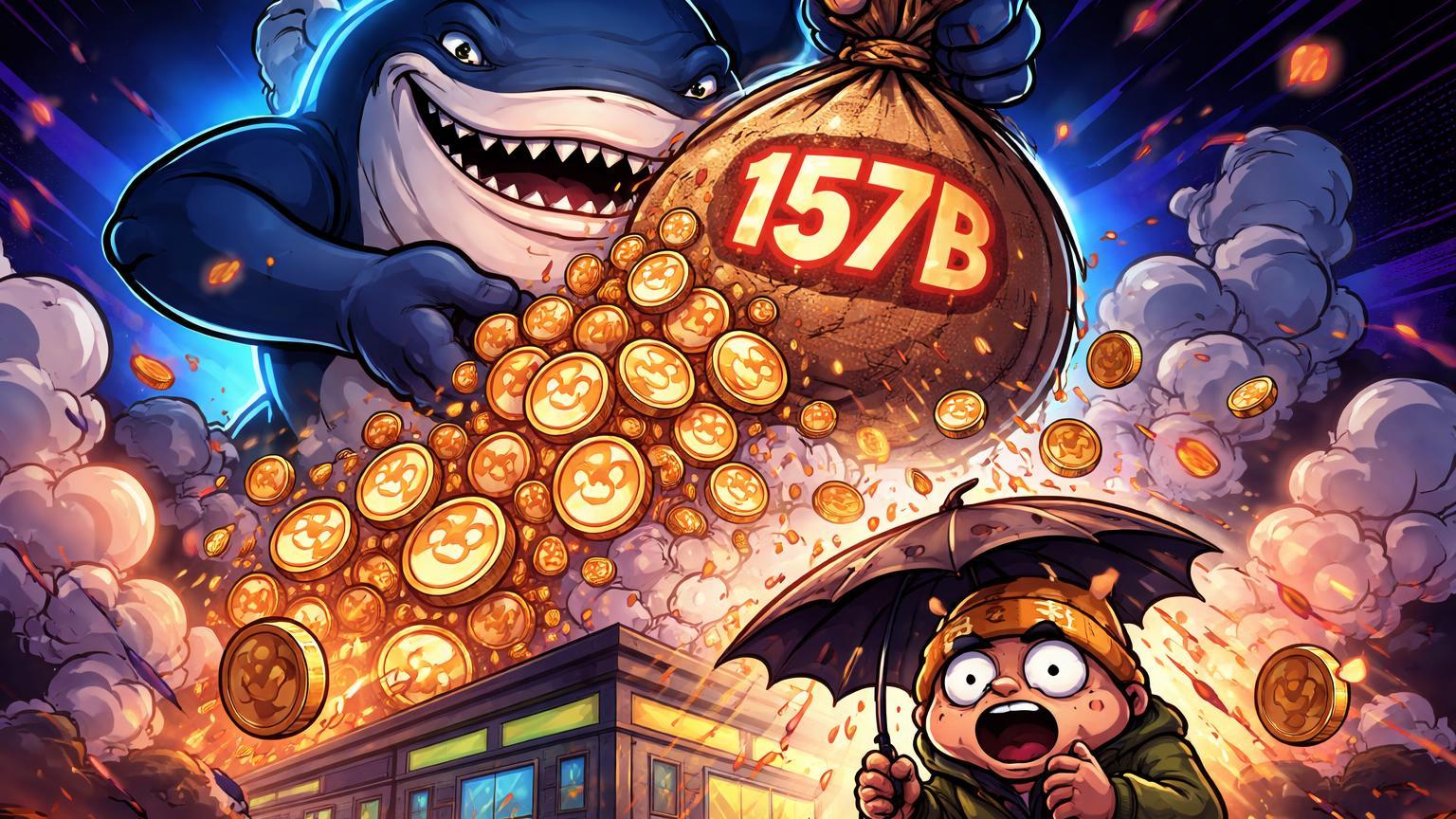 Baleia cartoon despejando avalanche de 157B SHIB sobre exchange, trader chocado se protegendo, capturando dump irônico de memecoin