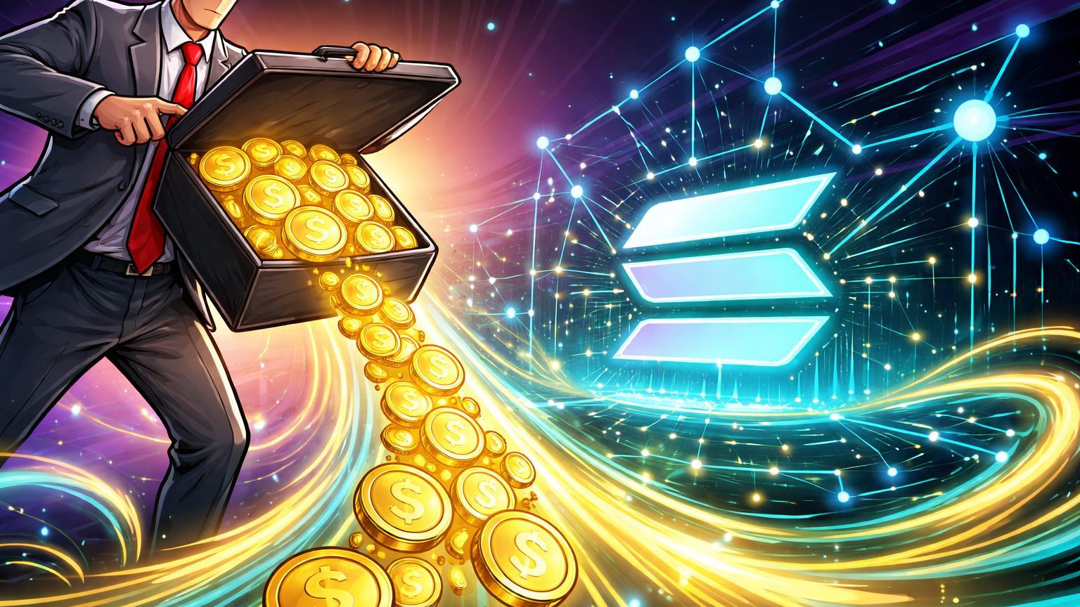 Executivo cartoon despejando stablecoins douradas em rede Solana cyan pulsante com glifo SOL, simbolizando lançamento USDPT pela Western Union