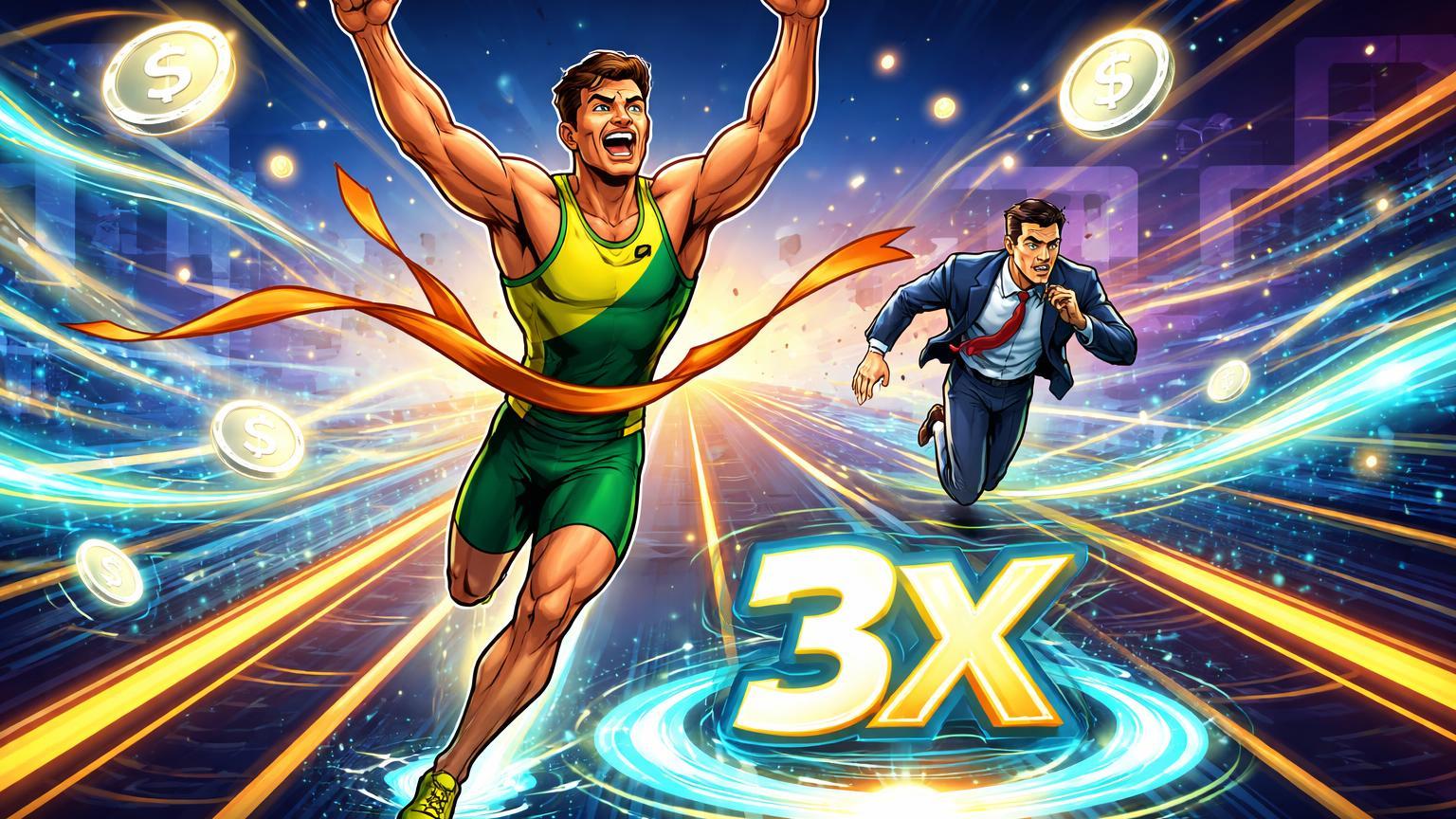 Corredor cartoon América Latina cruzando linha de chegada à frente dos EUA com multiplicador 3X, simbolizando triplo crescimento na adoção cripto