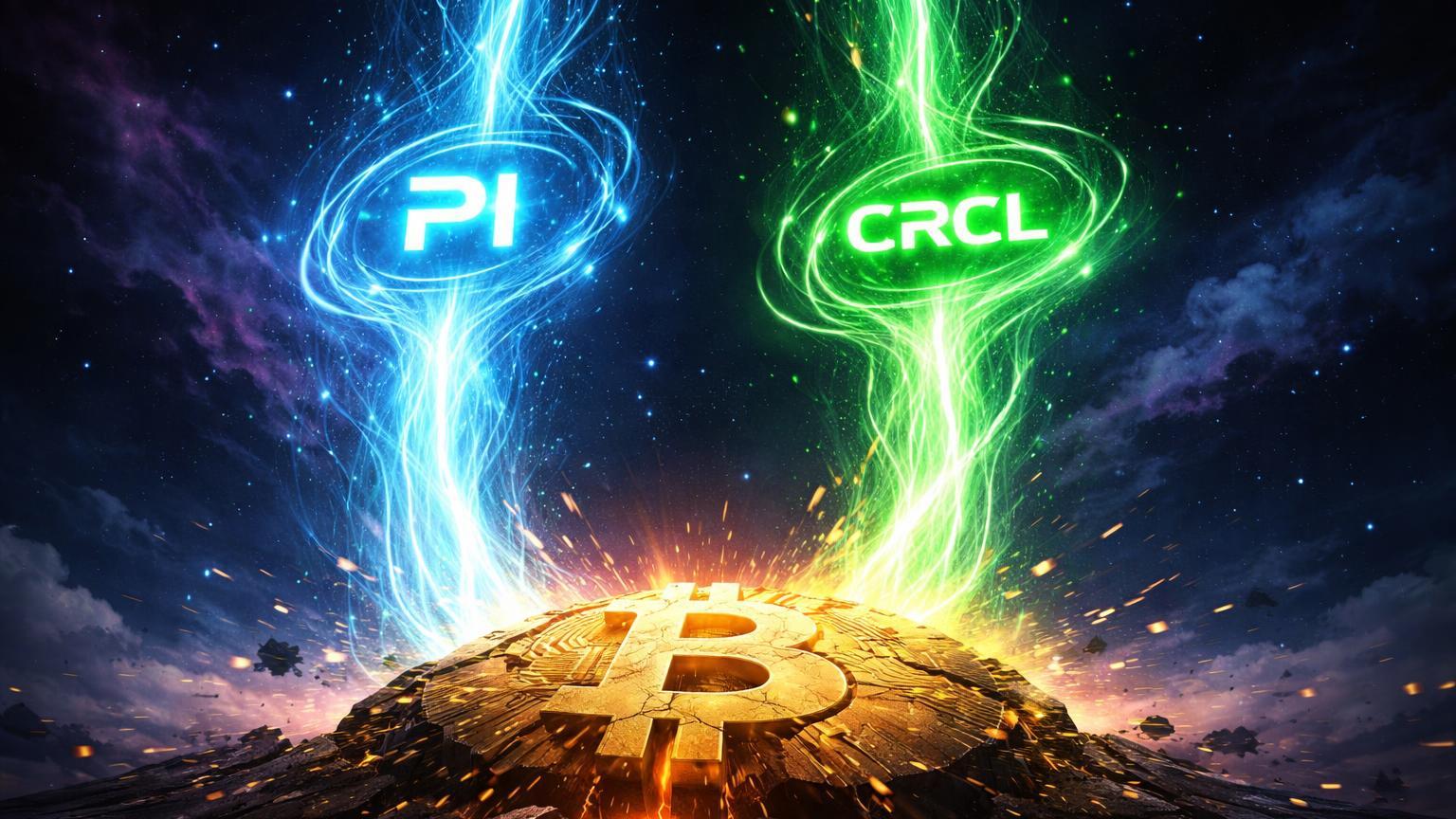 Fluxos de energia cyan 'PI' e verde 'CRCL' ascendentes acima de base BTC dourada rachada, destacando alta de tokens IA apesar da queda do Bitcoin
