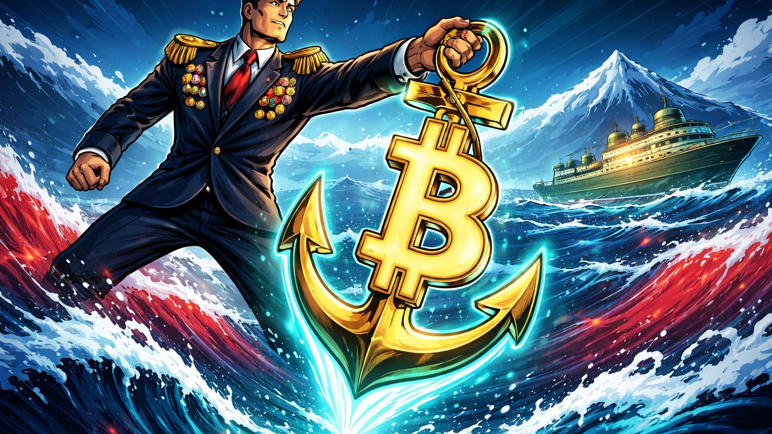 Banqueiro central cartoon lançando âncora Bitcoin em oceano volátil, simbolizando investimento soberano do Cazaquistão em cripto