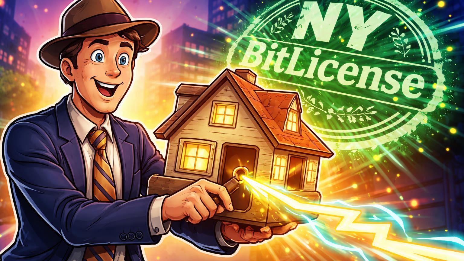 Personagem cartoon inserindo raio Bitcoin Lightning na fechadura de casa com selo NY BitLicense, simbolizando pagamentos de hipotecas via Strike