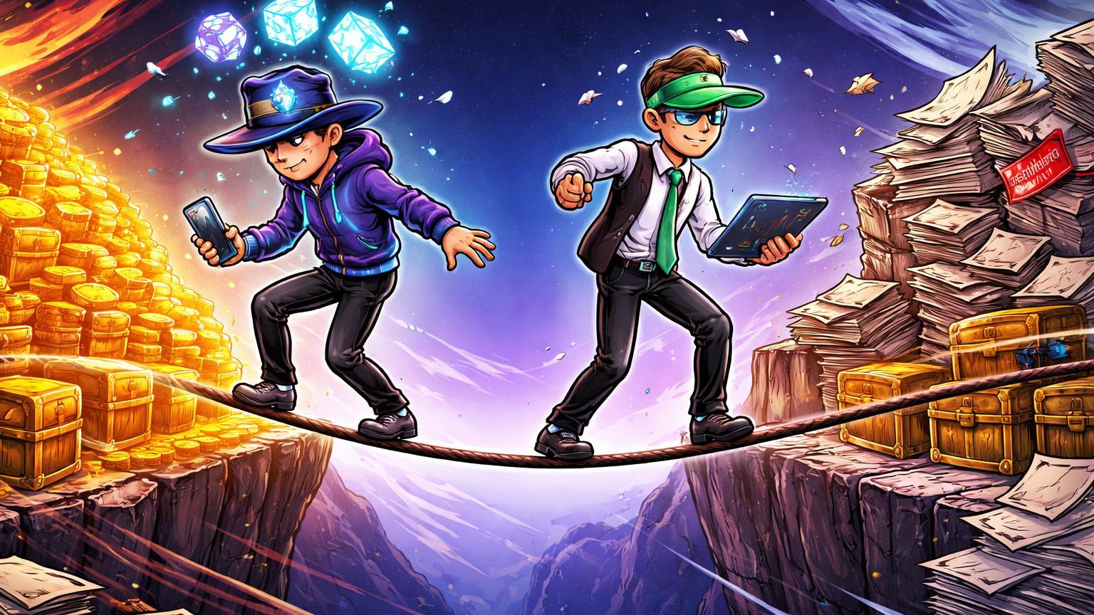 Personagens cartoon de plataformas equilibrando em corda bamba entre ouro bilionário e pesos regulatórios, simbolizando pressão em Polymarket, Kalshi e exchanges brasileiras