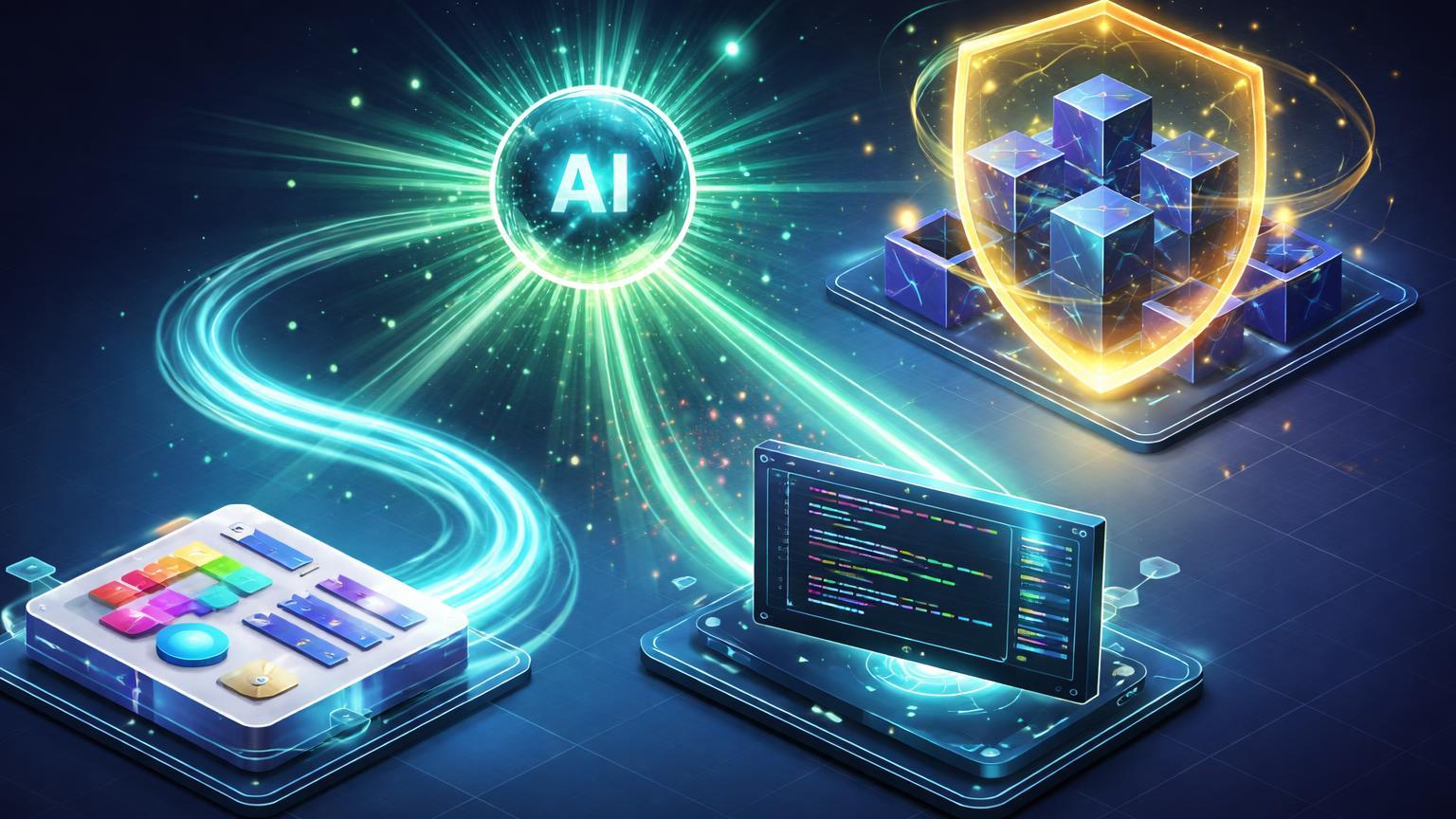 Ecossistema isométrico de desenvolvimento Web3: Figma sincronizando com Copilot, IA Codex purificando código para dApps seguras