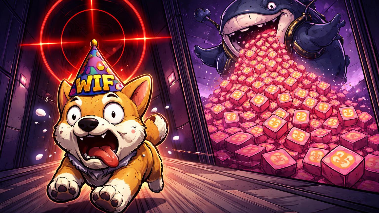 Cão WIF cartoon correndo no corredor da morte sob mira vermelha da Binance, baleia despejando SHIB, ilustrando risco de delisting em memecoins