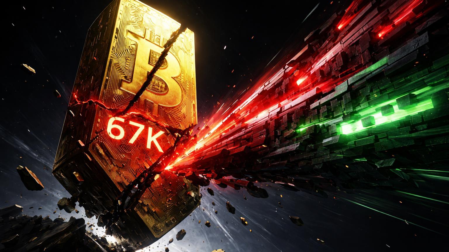Monolito dourado Bitcoin com 67K rachado emitindo luz vermelha sob pressão de massa macro vermelha e verde, ilustrando queda com dólar forte