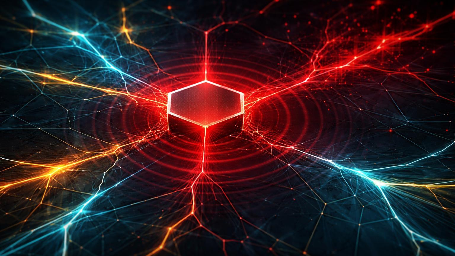Rede de fios energéticos com nó central bloqueado emitindo ondas vermelhas de contágio, alertando risco para ETFs de Bitcoin