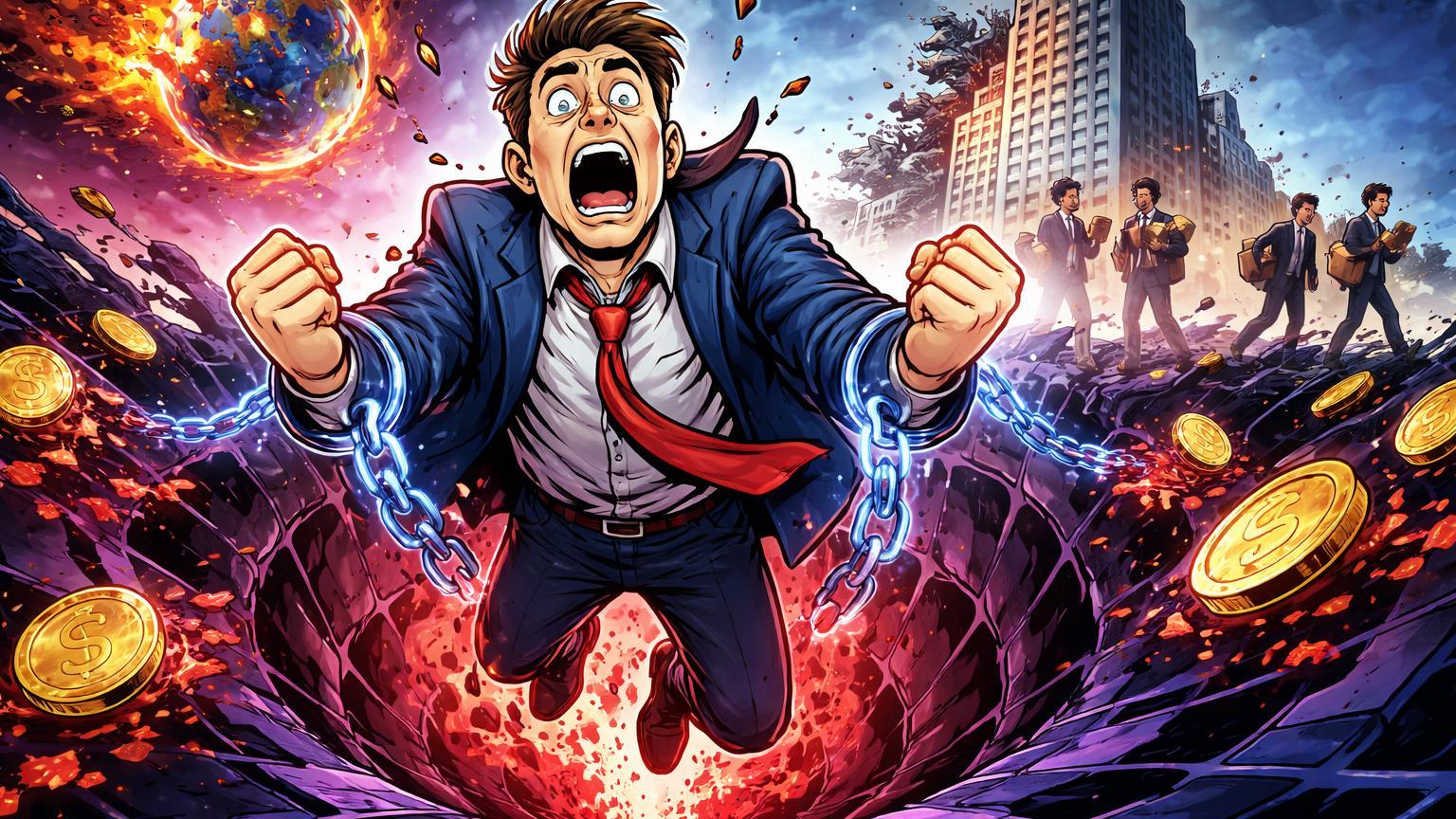 Executivo cartoon algemado sugado por vórtice DeFi rachado com prédio corporativo desmoronando, simbolizando fraude de CFO e lições de custódia