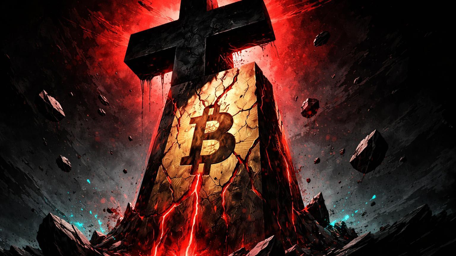 Cruz negra bold projetando sombra vermelha sobre monolito Bitcoin rachado com fluxo descendente, sinalizando death cross histórico e saídas de ETFs
