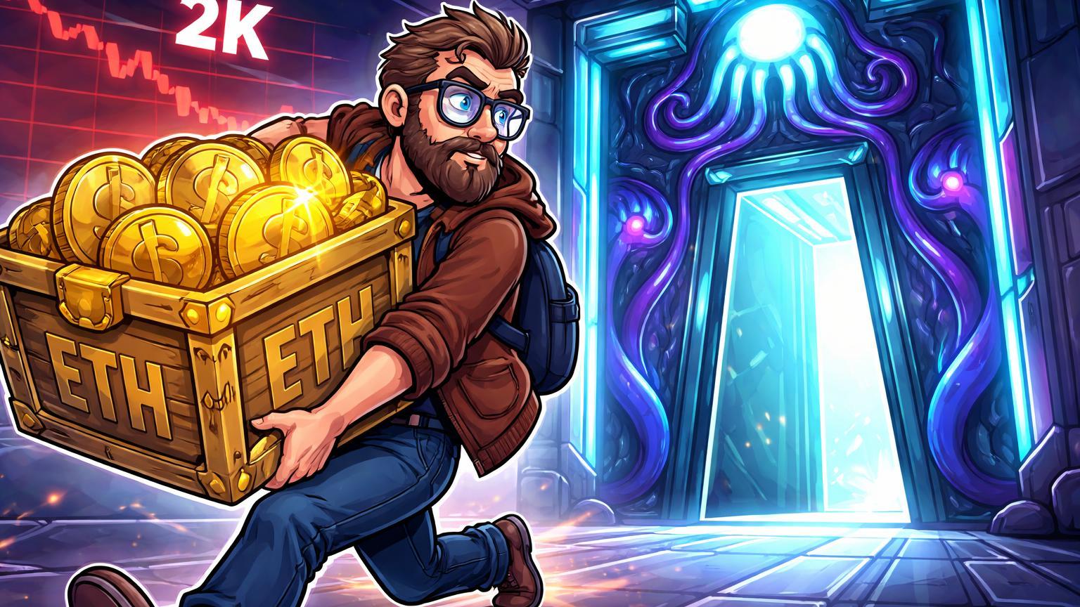 Personagem cartoon de cofundador carregando baú ETH gigante para portas da Kraken, com gráfico de preço abaixo de 2K, alertando transferência massiva