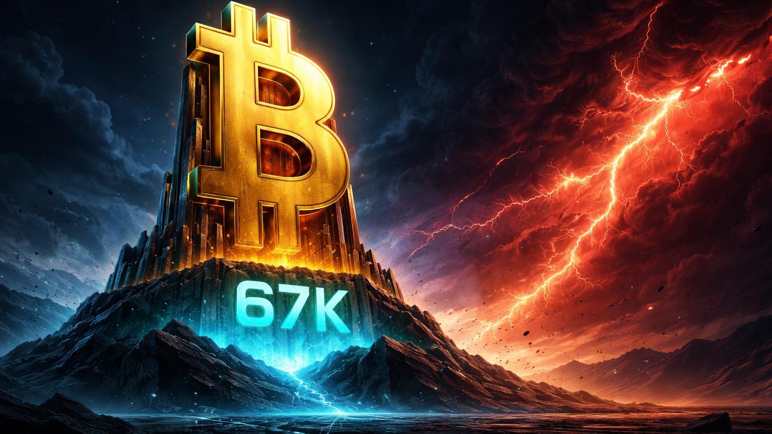 Fortaleza dourada com 67K na base sob nuvens vermelhas de tempestade avançando, simbolizando Bitcoin testando suporte em tensões EUA-Irã