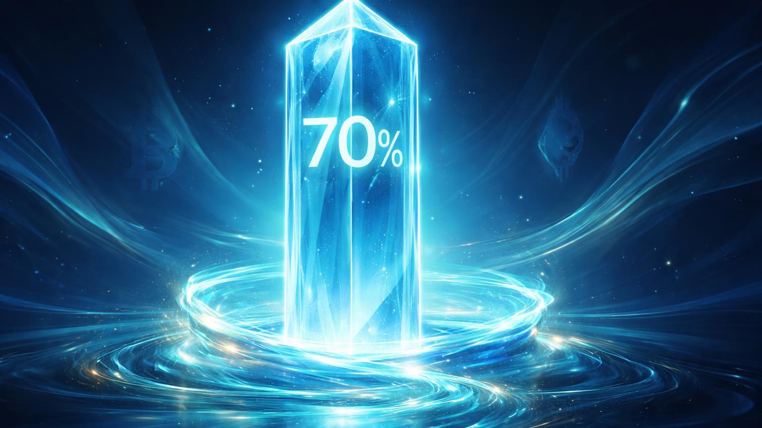 Pilar cristalino azul translúcido com '70%' luminoso erguendo-se sobre fluxos líquidos, simbolizando domínio do USDC em volume recorde de stablecoins