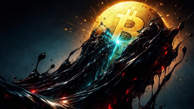 Sol dourado do Bitcoin parcialmente engolido por massa oleosa negra, simbolizando pressão da crise no Oriente Médio e petróleo a US$90
